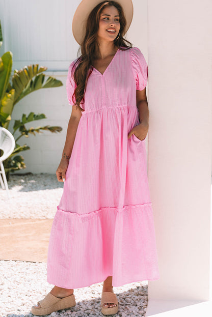Threaded Pear Ella Stripe V Neck Puff Short Sleeve Maxi Dress
