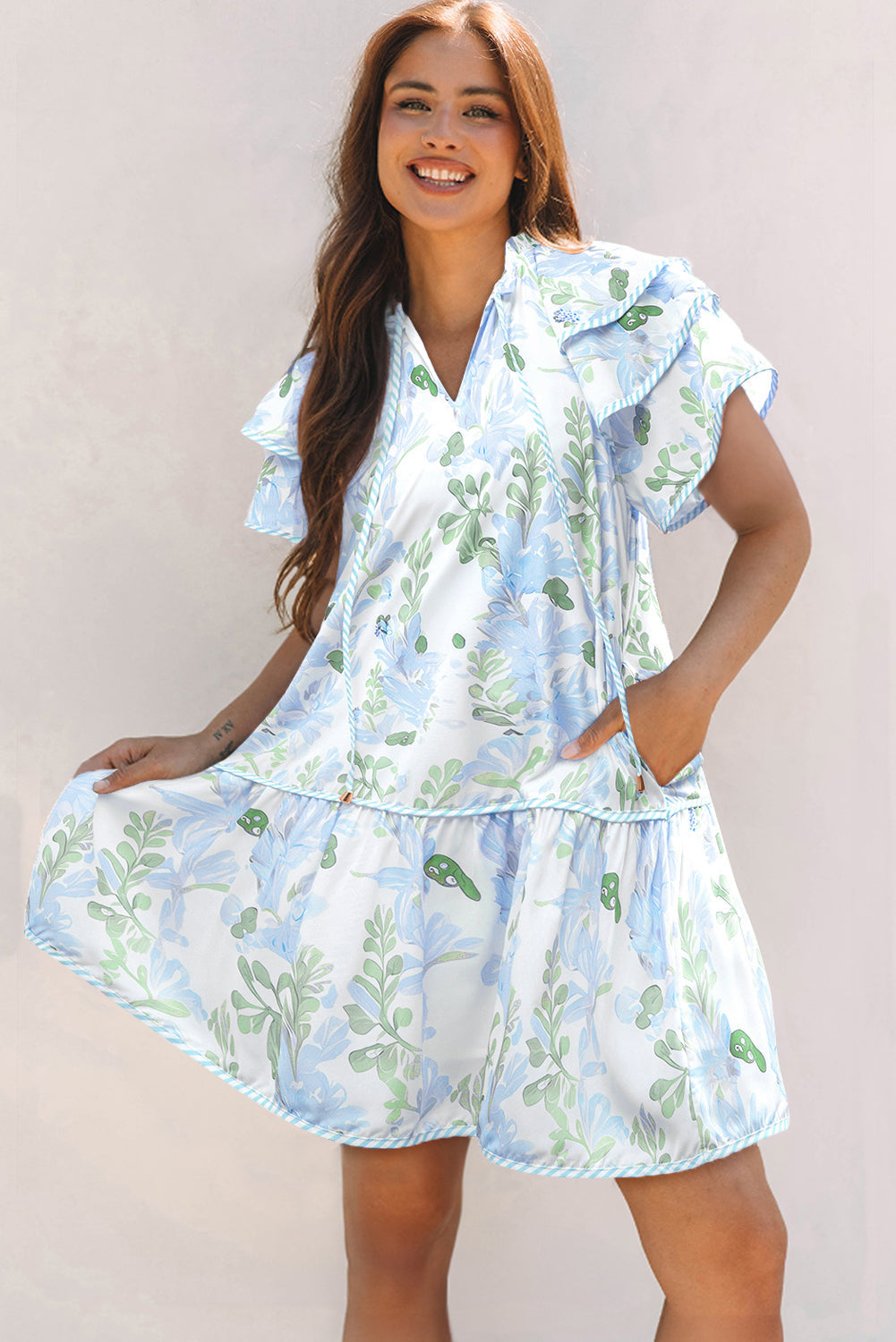 Threaded Pear Madalyn Floral Contrast Edge Layered Short Sleeve Mini Dress