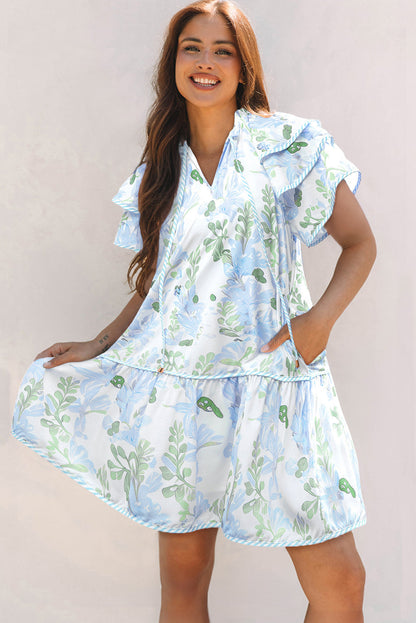 Threaded Pear Madalyn Floral Contrast Edge Layered Short Sleeve Mini Dress