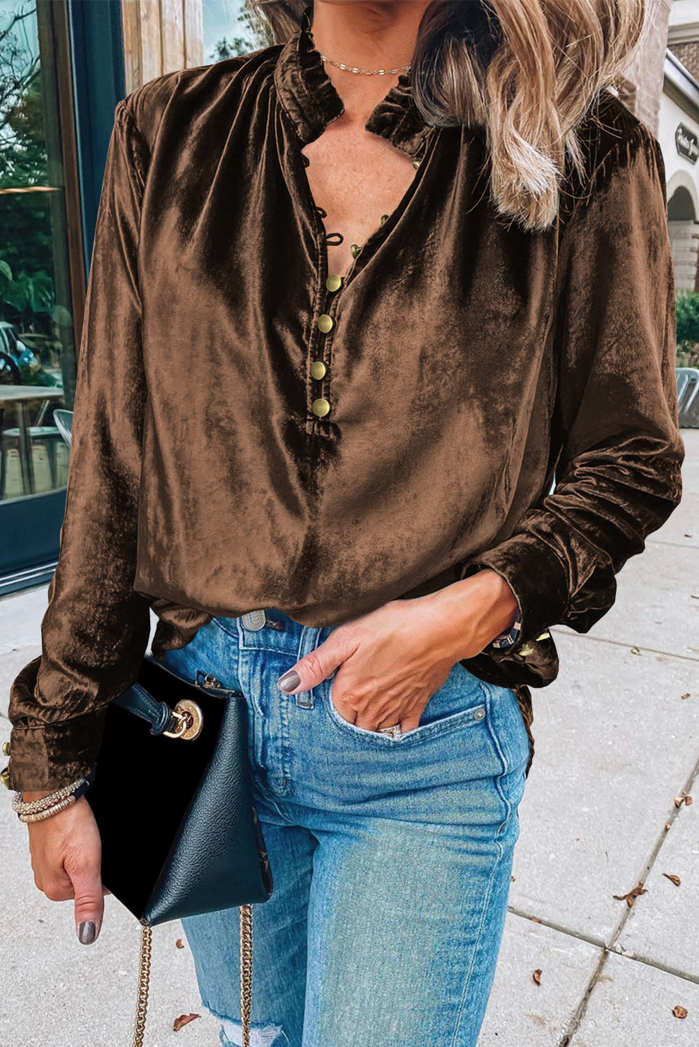Threaded Pear Gwynn Frilled Neck Buttoned Front Velvet Top
