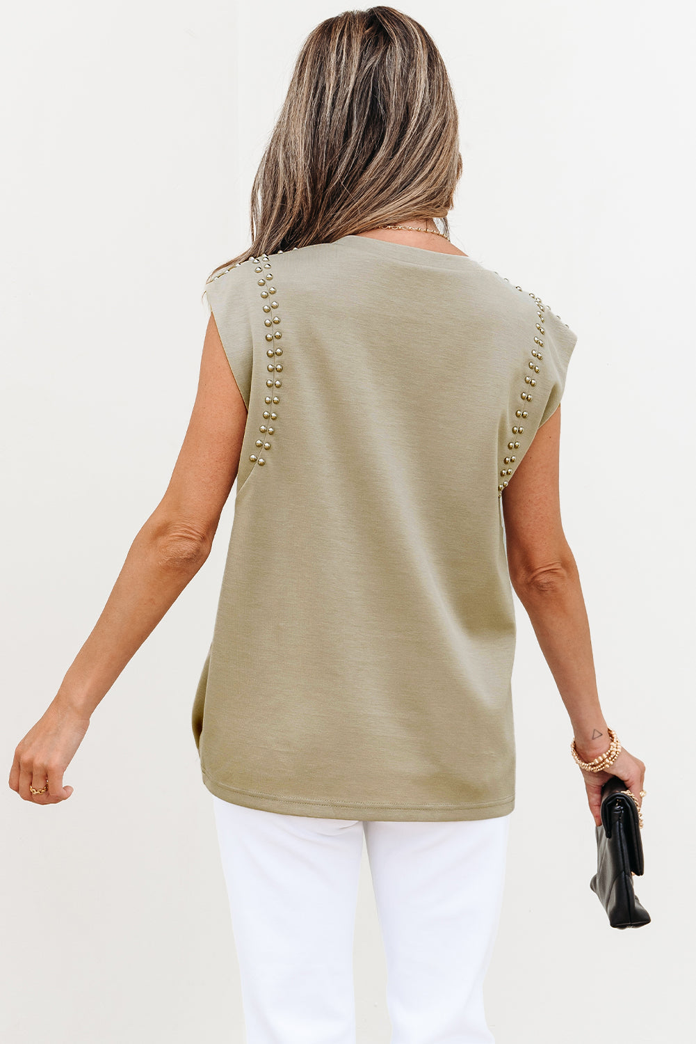 Threaded Pear Julietta Studded Cap Sleeve Round Neck Top