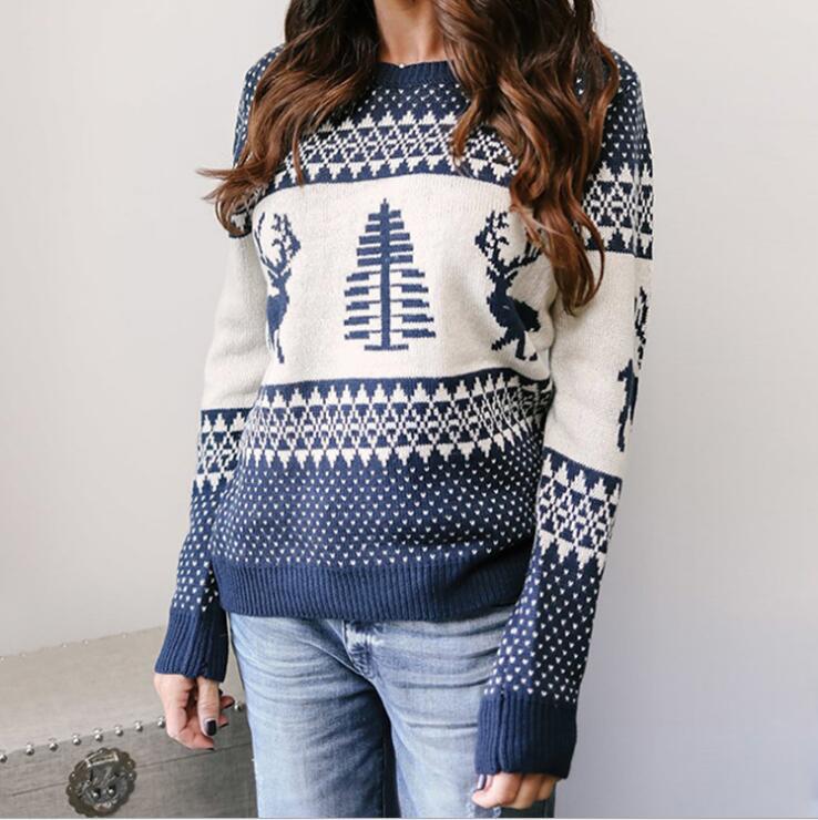 Women’s Christmas Elk Geometric Print Sweater | Cute Reindeer Knitted Winter Pullover | Nordic Style Festive Graphic Jumper | Cozy Holiday Crewneck Knitwear