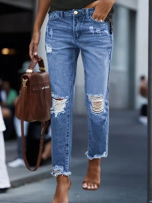 Women’s Stretchy Boyfriend Jeans | Ripped Distressed Relaxed Fit Denim | High-Sense Comfortable Five-Pocket Jeans | Trendy Faded Wash Boyfriend Denim | 2026 High-Fashion Urban Distressed Pants