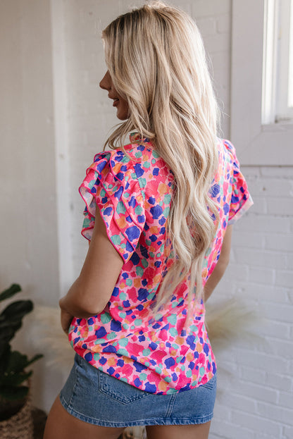 Threaded Pear Arlet Abstract Ruffled Sleeve V Neck Blouse