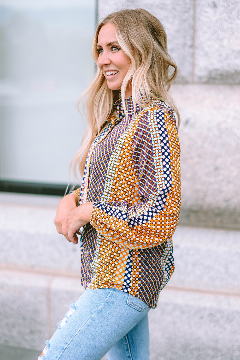 Threaded Pear Brown Dot Print Long Sleeve Button Down Shift PLUS Shirt