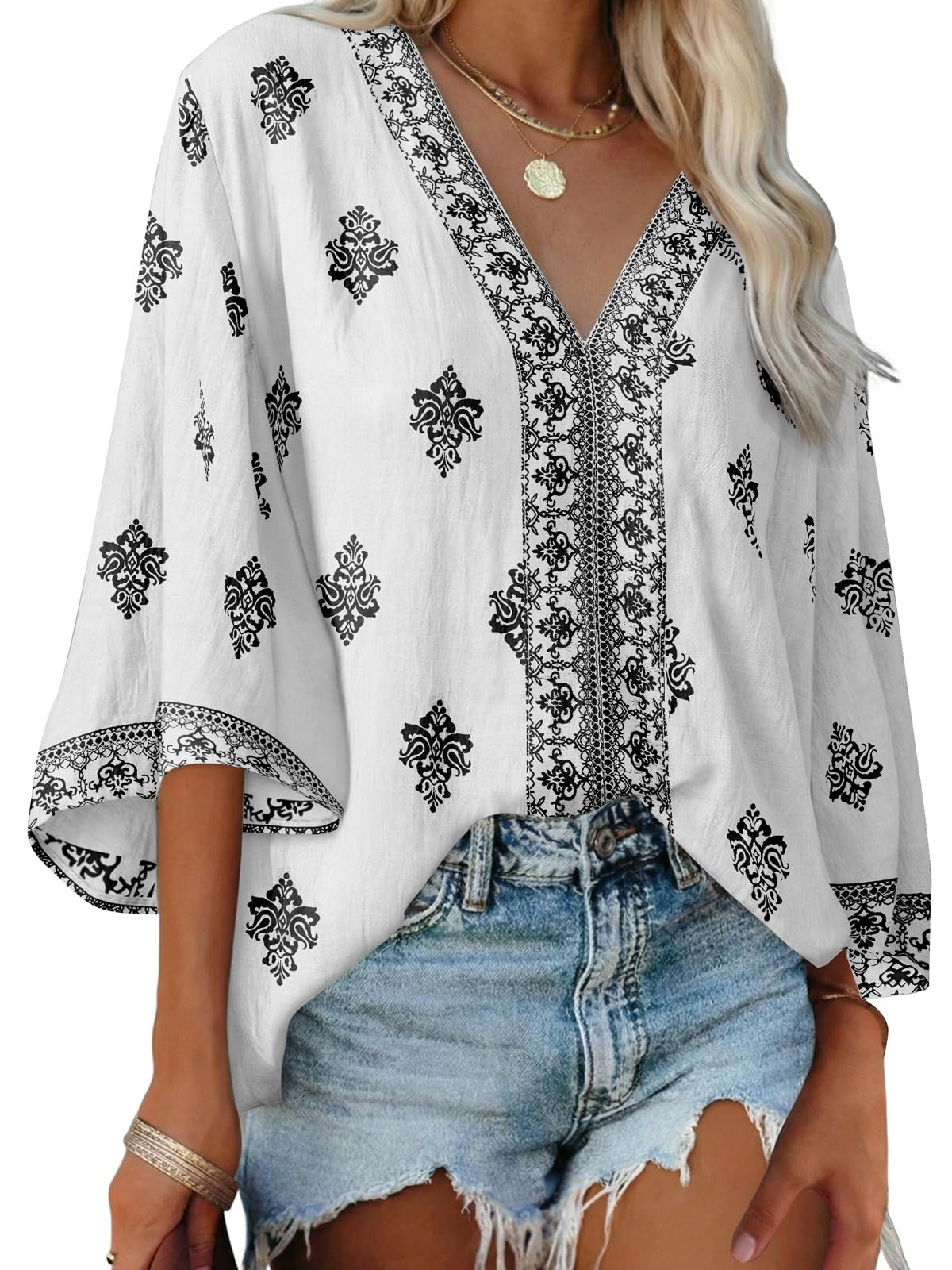 Women's Boho Embroidered V-Neck 3/4 Sleeve Blouse