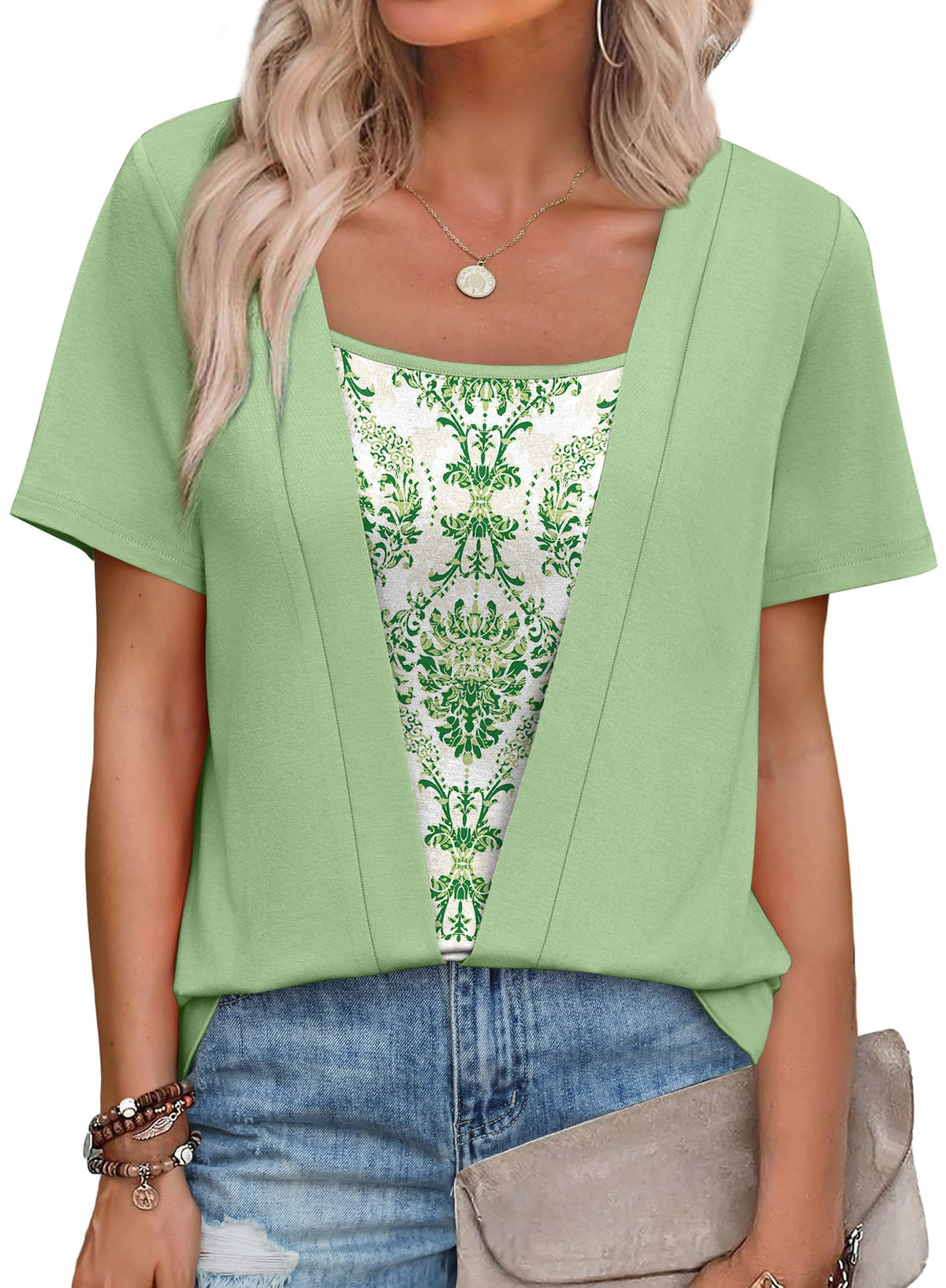Womens Trendy 2 in 1 Blouses Short Sleeve Shirts Casual Beach Vacation Clothes