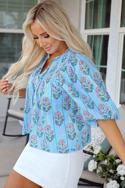 Threaded Pear Kinley Floral Shirred Yoke Split Neck Blouse