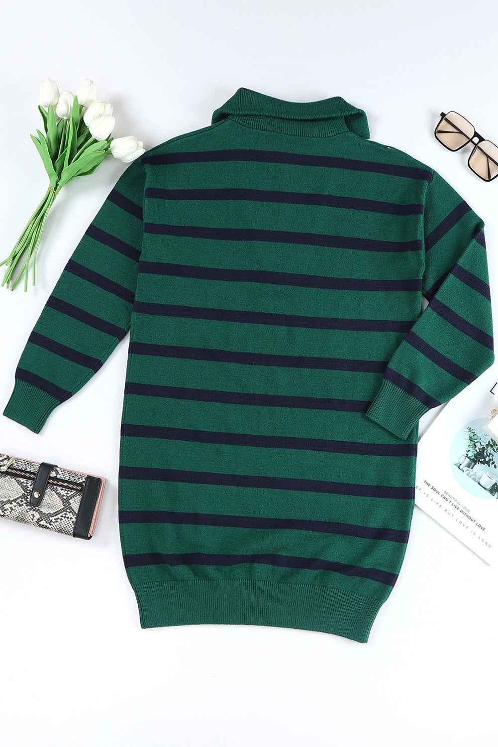 Threaded Pear Iris Striped Zip Collared Loose Sweater Mini Dress