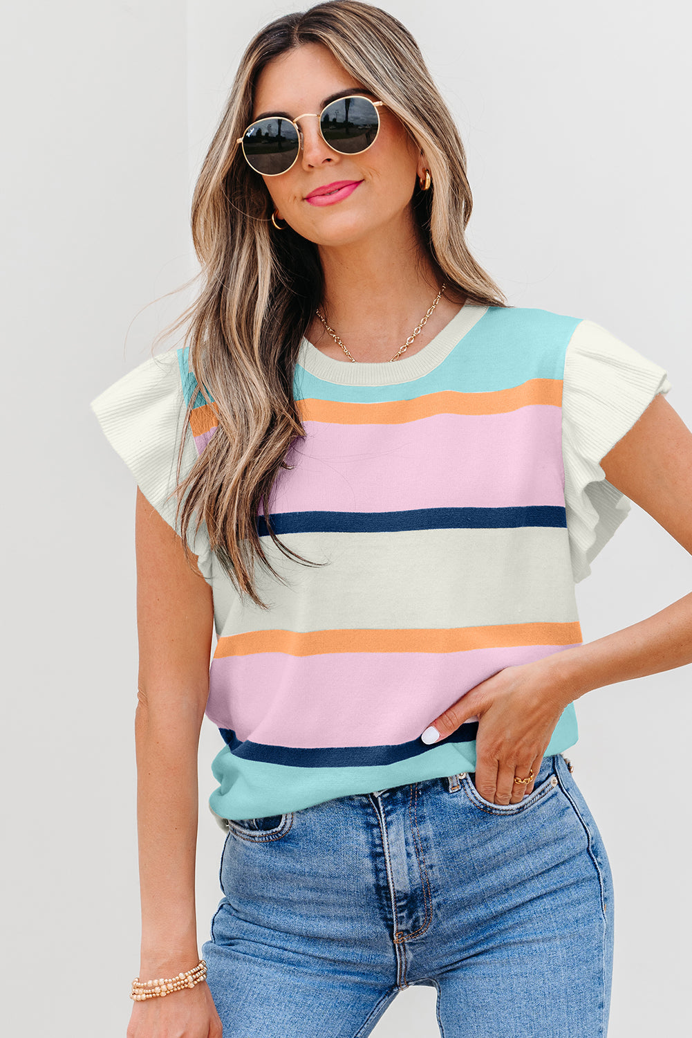 Threaded Pear Yasmin Striped Flutter Sleeve Patchwork Top