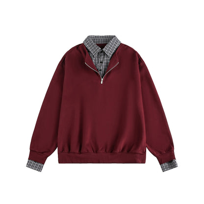 Checkered Spliced Mock Two-Piece Old Money Style Polo Neck Pullover Hoodie