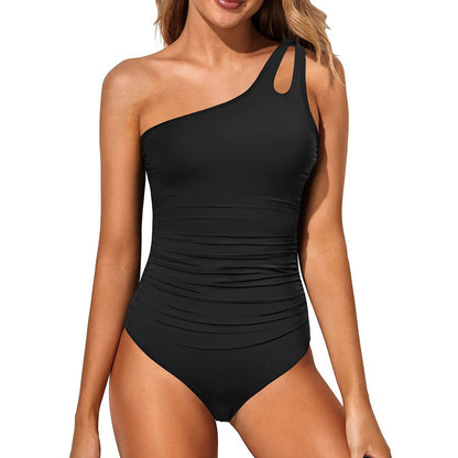 One-Piece Swimsuit for Women with Asymmetrical Shoulder Cutout Design for Hot Spring Wear