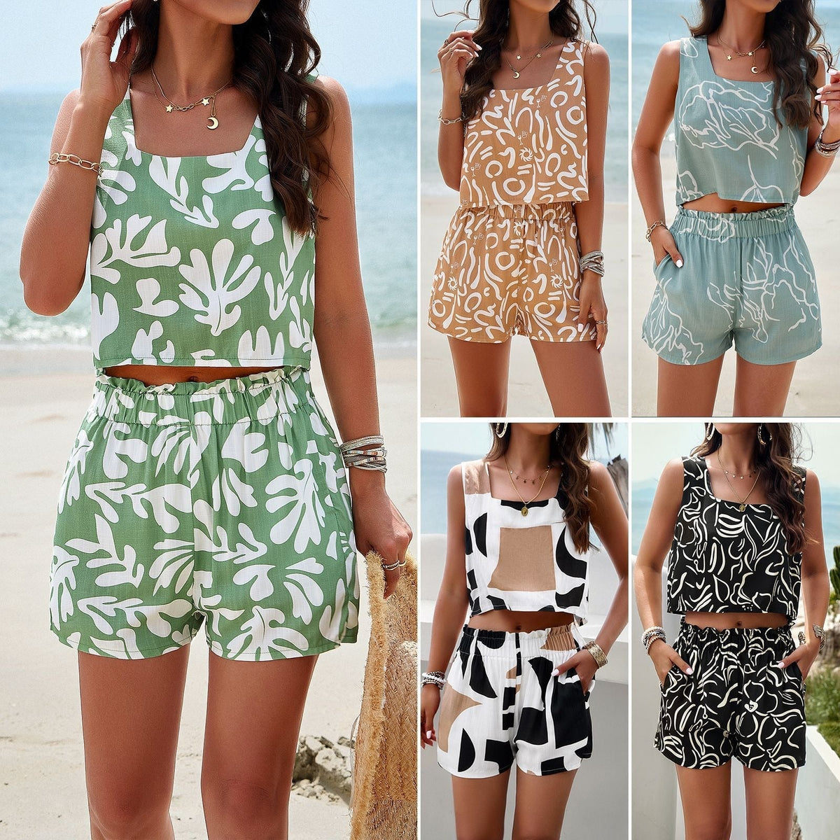 European and American Women’s Spring and Summer Temperament Casual Printed Vest Set