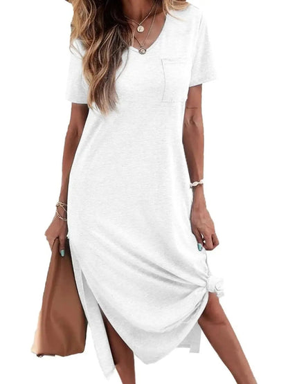 Casual Short Sleeve V Neck Maxi Dresses Loose Side Slit Long Tshirt Dress with Pocket