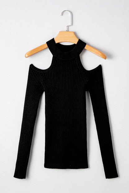 Threaded Pear Bailey Ribbed Knit Cold Shoulder Sweater