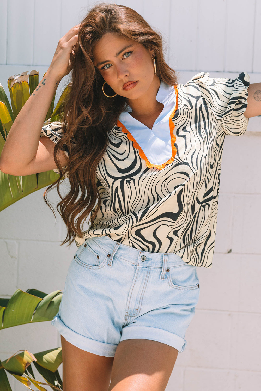 Threaded Pear Delilah Zebra Stripe V-Neck Short Sleeve Blouse