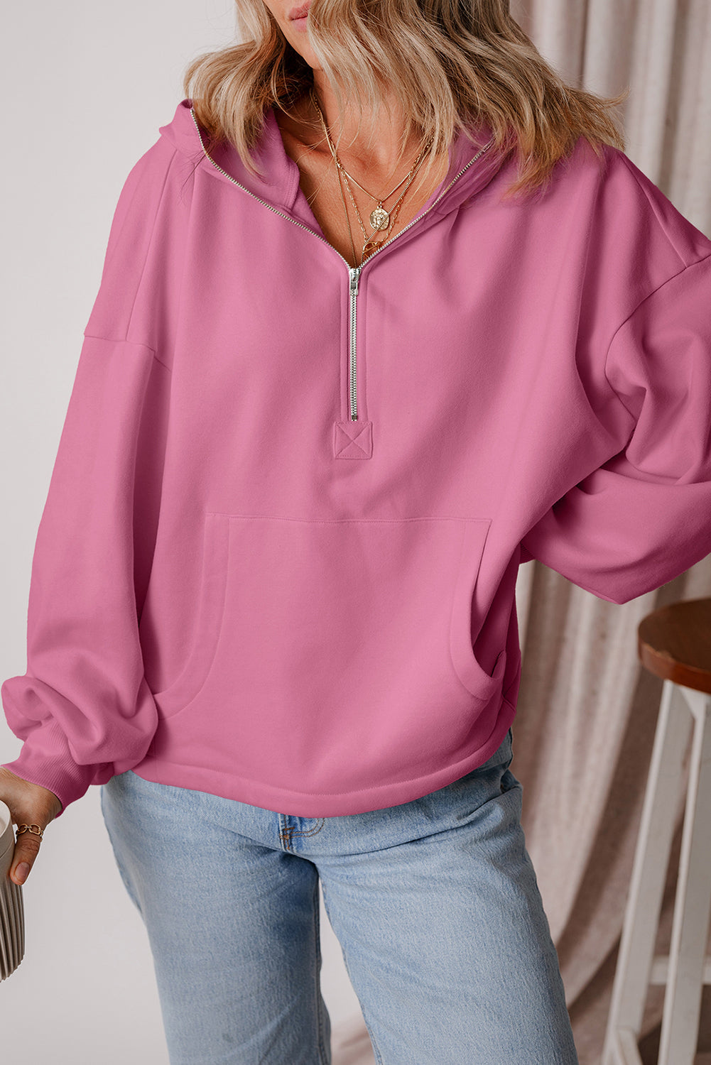 Threaded Pear Kate Fleece Lined Half Zipper Kangaroo Pockets Loose Hoodie