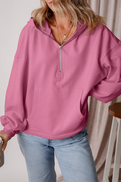 Threaded Pear Kate Fleece Lined Half Zipper Kangaroo Pockets Loose Hoodie