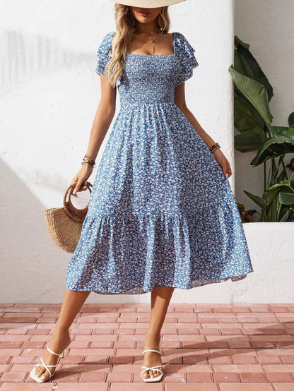 Floral Smocked Square Neck Midi Dress