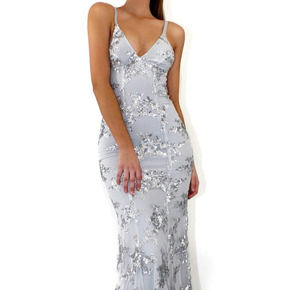 V-Neck Backless Sequined Evening Dress | Lace-Up Cocktail Party Gown | Shimmering Sleeveless Banquet Dress | Glamorous Night-Out Sequin Slip Dress