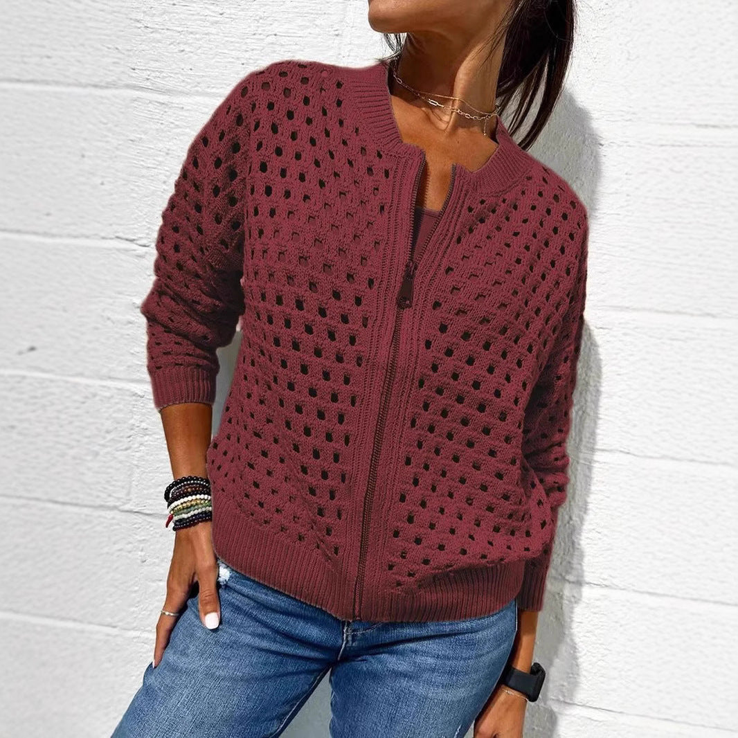 Women’s Fashion Hollow Knitted Zip-Up Jacket | Long-Sleeved Breathable Crochet Top | Trendy Lightweight Knit Cardigan | Modern Urban Layering Jacket for Women