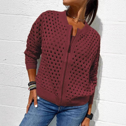 Women’s Fashion Hollow Knitted Zip-Up Jacket | Long-Sleeved Breathable Crochet Top | Trendy Lightweight Knit Cardigan | Modern Urban Layering Jacket for Women