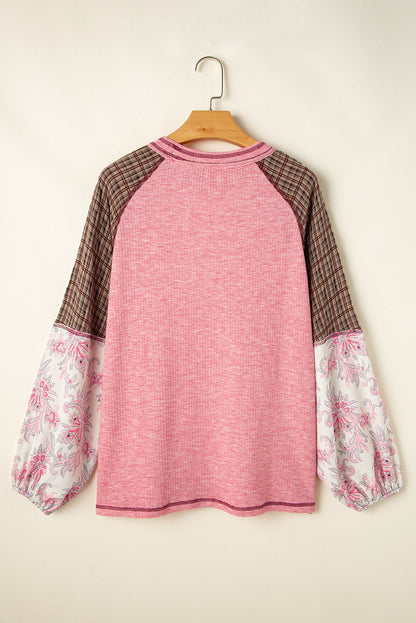 Threaded Pear Elena Raglan Sleeve Ribbed Knit Patchwork Blouse