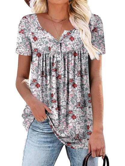 ✨Women's Printed Botton Down Pleated Short Sleeve Shirts Tunic Tops