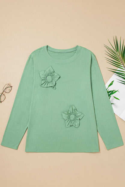 Threaded Pear Grass Green Flower Applique Mineral Wash Plus Size Top