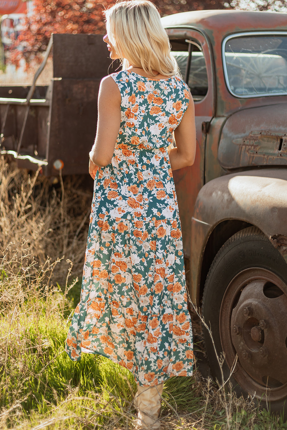 Threaded Pear Kara Floral Tie Waist Sleeveless Holiday Long Dress