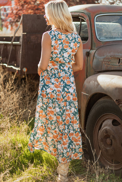 Threaded Pear Kara Floral Tie Waist Sleeveless Holiday Long Dress