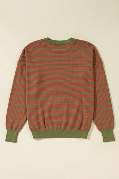 Threaded Pear Briar Stripe Trimmed Round Neck Loose Sweater