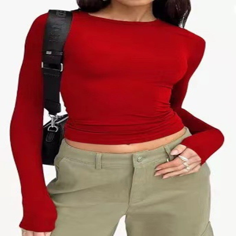 Women’s Fashion Slim-Fit Long-Sleeved Pullover | Elegant Solid Color Casual Fit Shirt | Modern Crew Neck Ribbed Base Layer | Trendy Body-Hugging Autumn Top | 2026 Minimalist Everyday Fashion Staple