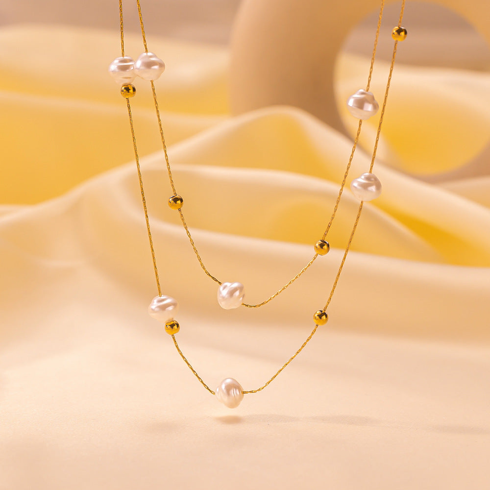 Niche Design Double-Layer Pearl Clavicle Necklace | High-Sense Vintage French Style Jewelry | Trendy Minimalist Titanium Steel Pearl Choker | Luxury-Label Statuesque Radiant Accessory | 2026 High-Fashion Emerald-Luxe Essential