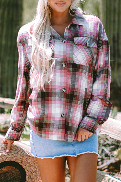 Threaded Pear Harper Plaid Flap Up Shacket