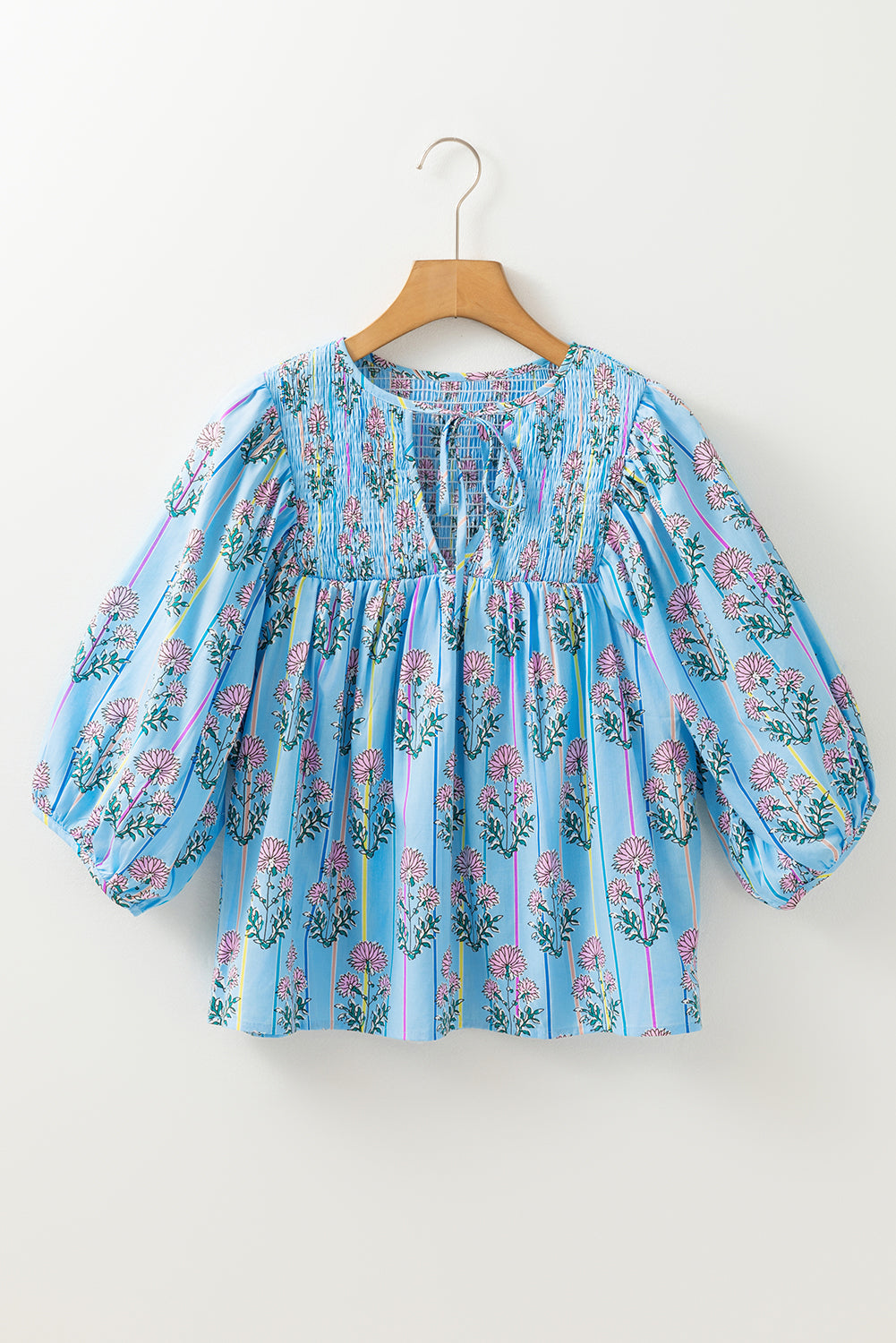 Threaded Pear Kinley Floral Shirred Yoke Split Neck Blouse