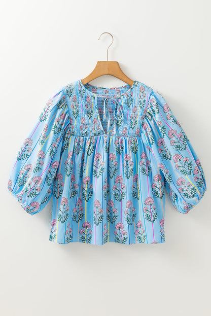 Threaded Pear Kinley Floral Shirred Yoke Split Neck Blouse