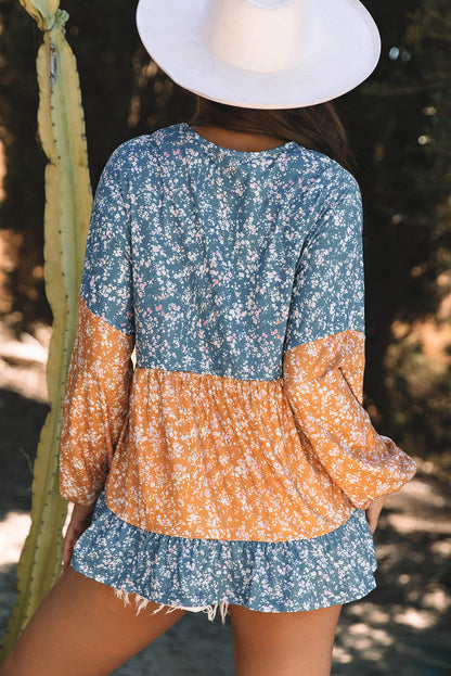 Threaded Pear Cecilia Floral Ruffled Hem Round Neck Blouse