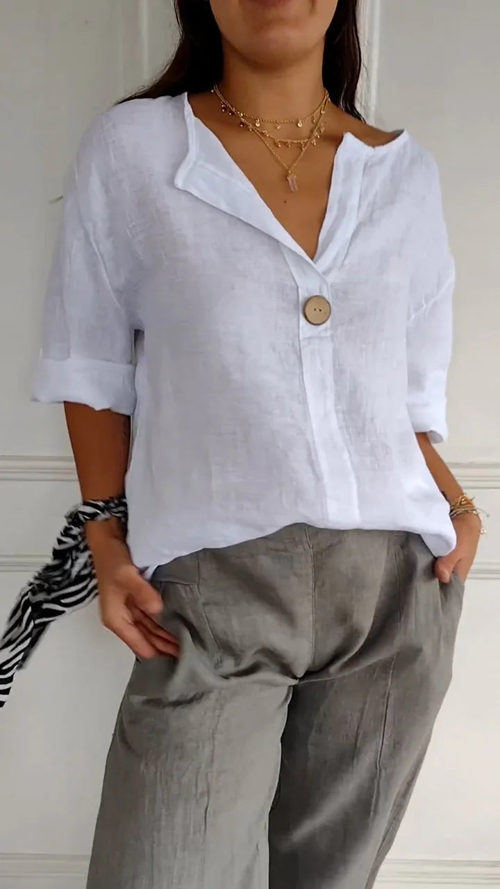 Women’s V-Neck Pullover Shirt | Casual Long-Sleeved Fashion Top | Elegant Loose-Fit Daily Blouse | Trendy Minimalist V-Neck Pullover for Ladies | 2026 High-Fashion Lightweight Autumn/Spring Top