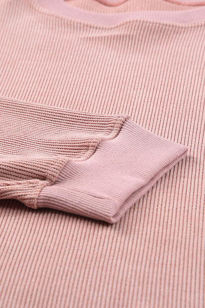 Threaded Pear Faith Solid Ribbed Knit Round Neck Pullover Sweatshirt
