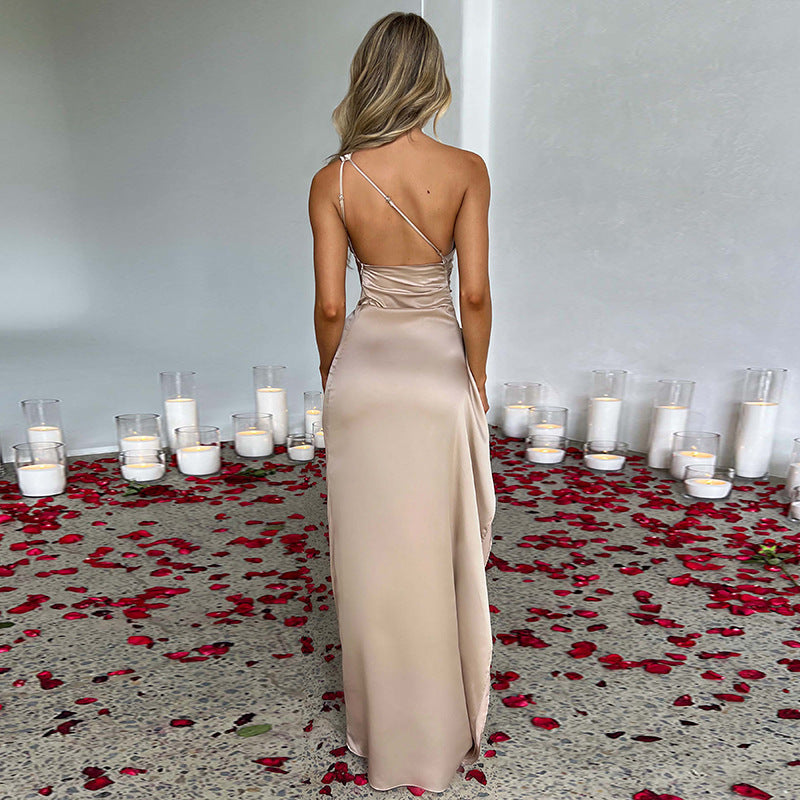 Women’s One-Shoulder Backless Satin Slit Dress | High-Sense Elegant Slim-Fit Summer Gown | Trendy Minimalist Solid Color Evening Dress | Luxury-Label Statuesque Formal Wear | 2026 High-Fashion Radiant Party Dress