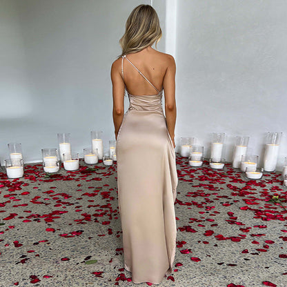 Women’s One-Shoulder Backless Satin Slit Dress | High-Sense Elegant Slim-Fit Summer Gown | Trendy Minimalist Solid Color Evening Dress | Luxury-Label Statuesque Formal Wear | 2026 High-Fashion Radiant Party Dress