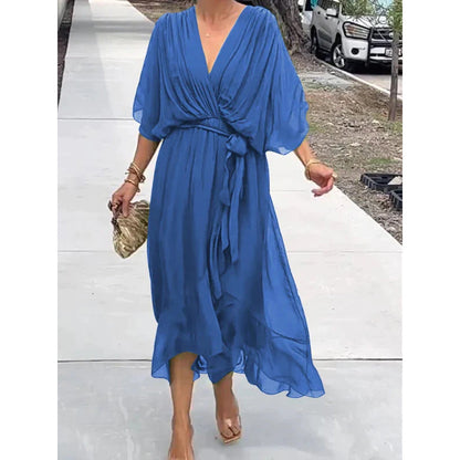 Batwing Sleeve V-Neck Midi Dress – Tied Irregular Hem Fairy Dress