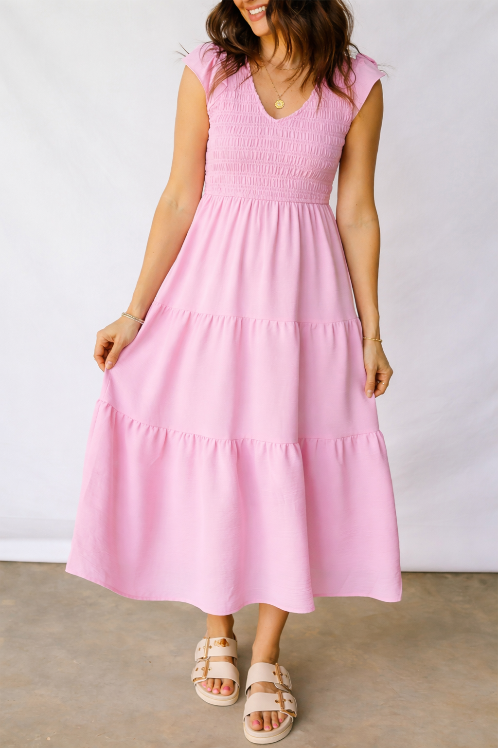 Threaded Pear Treasure Flare Tiered Midi Dress
