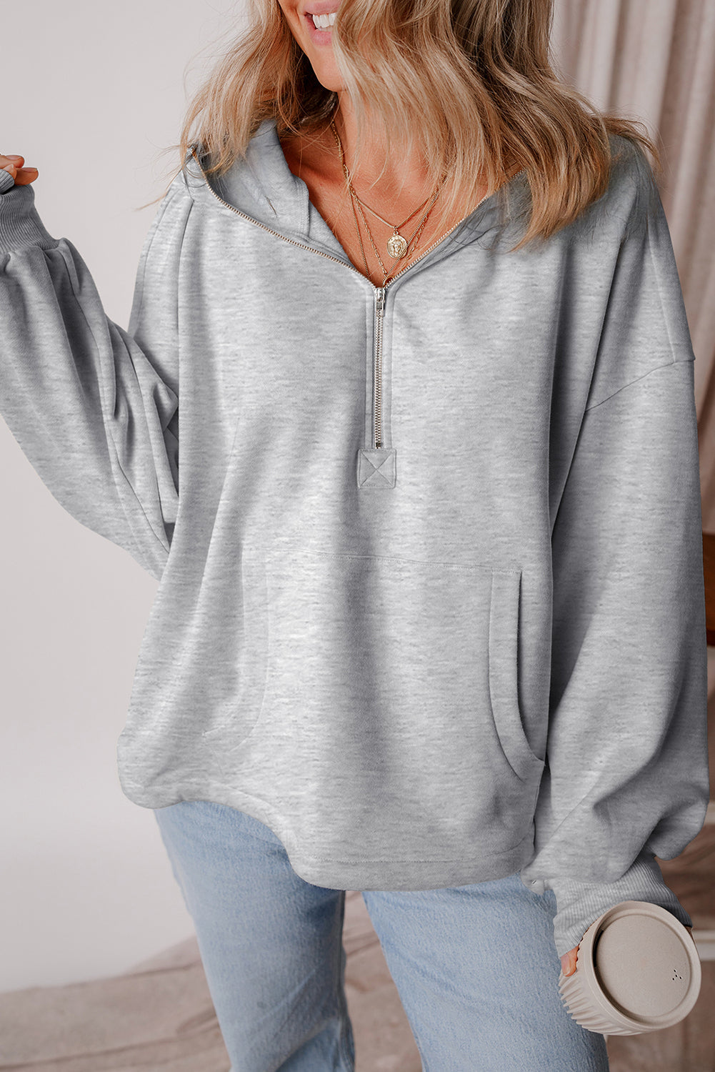 Threaded Pear Kate Fleece Lined Half Zipper Kangaroo Pockets Loose Hoodie