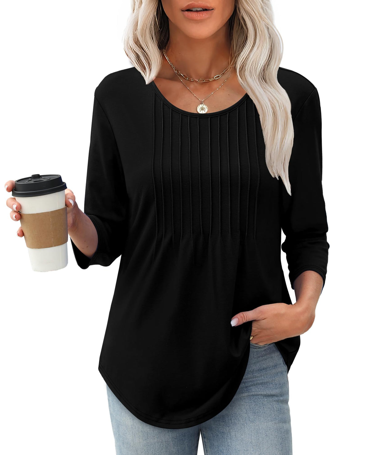 ✨Women's 3/4 Length Sleeve Crewneck Casual Pleated Tunic Tops