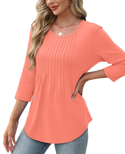 ✨Women's 3/4 Length Sleeve Crewneck Casual Pleated Tunic Tops