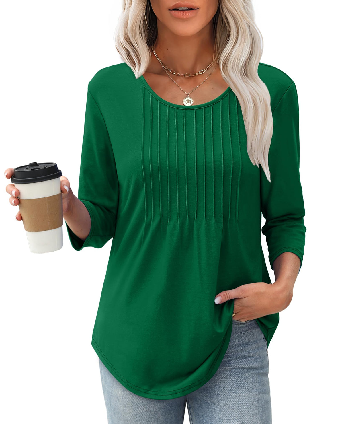 ✨Women's 3/4 Length Sleeve Crewneck Casual Pleated Tunic Tops