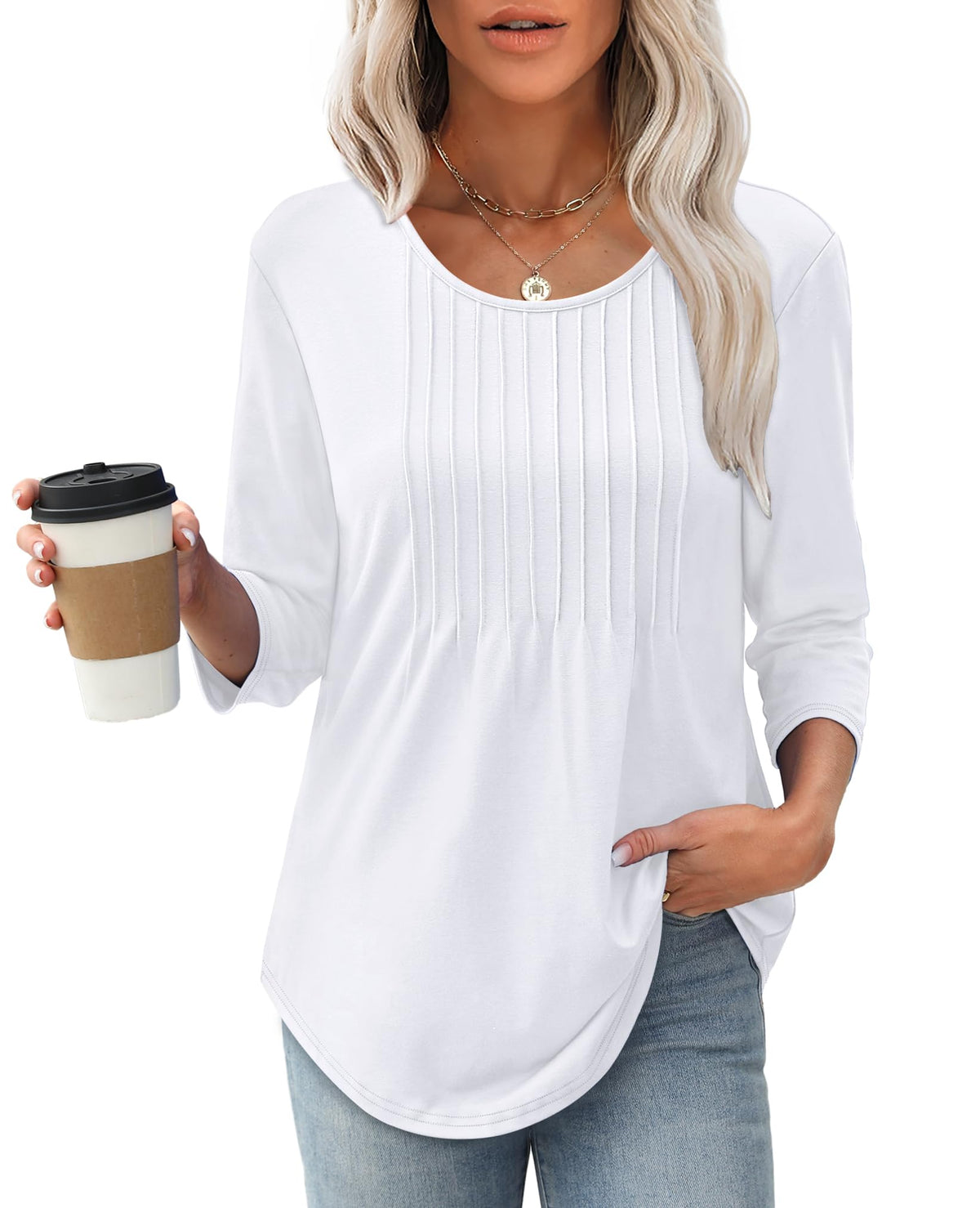 ✨Women's 3/4 Length Sleeve Crewneck Casual Pleated Tunic Tops