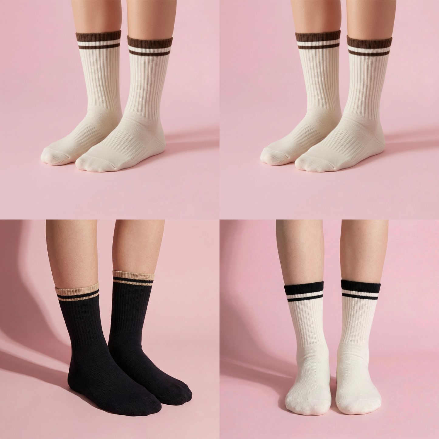 Anna-Kaci Women's 4-Pack Ribbed Crew Socks with Double Stripe Cuff Soft Stretch Fit in Neutral Tones
